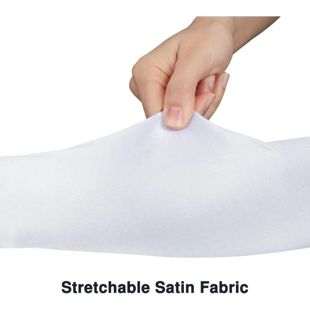 Women's Long Elbow Length White Satin Feather Trim Evening Gloves Tea Party